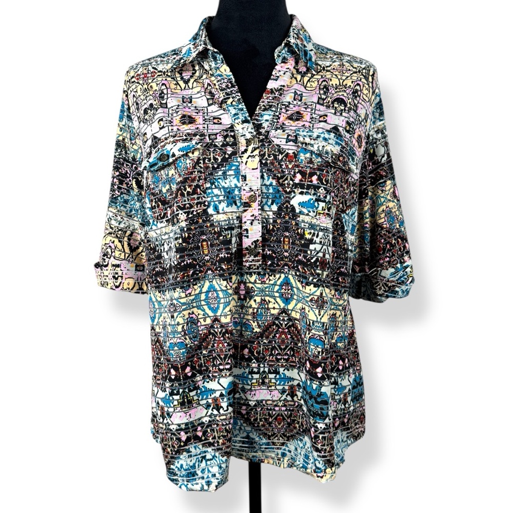 Rebecca Malone Top Womens L Large Multicolor Half Button Blouse 3/4 Sleeves